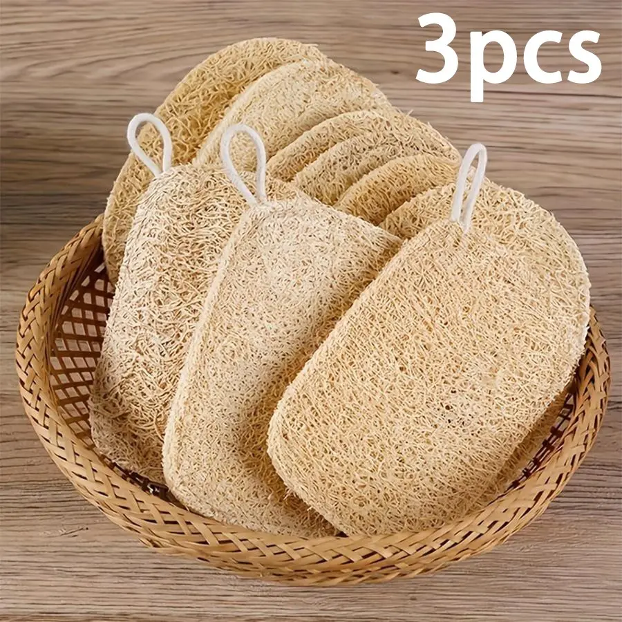 3pcs Double-Layer Natural Loofah Exfoliating Sponges for Shower & Bath - Exfoliating Bath Washcloth, Gentle Back Body Scrubber for Men And Women, Expandable Plant Fiber,Ideal for Kitchen/Bathroom Cleaning, Exfoliating Net Loofah, Body Exfoliating Pad