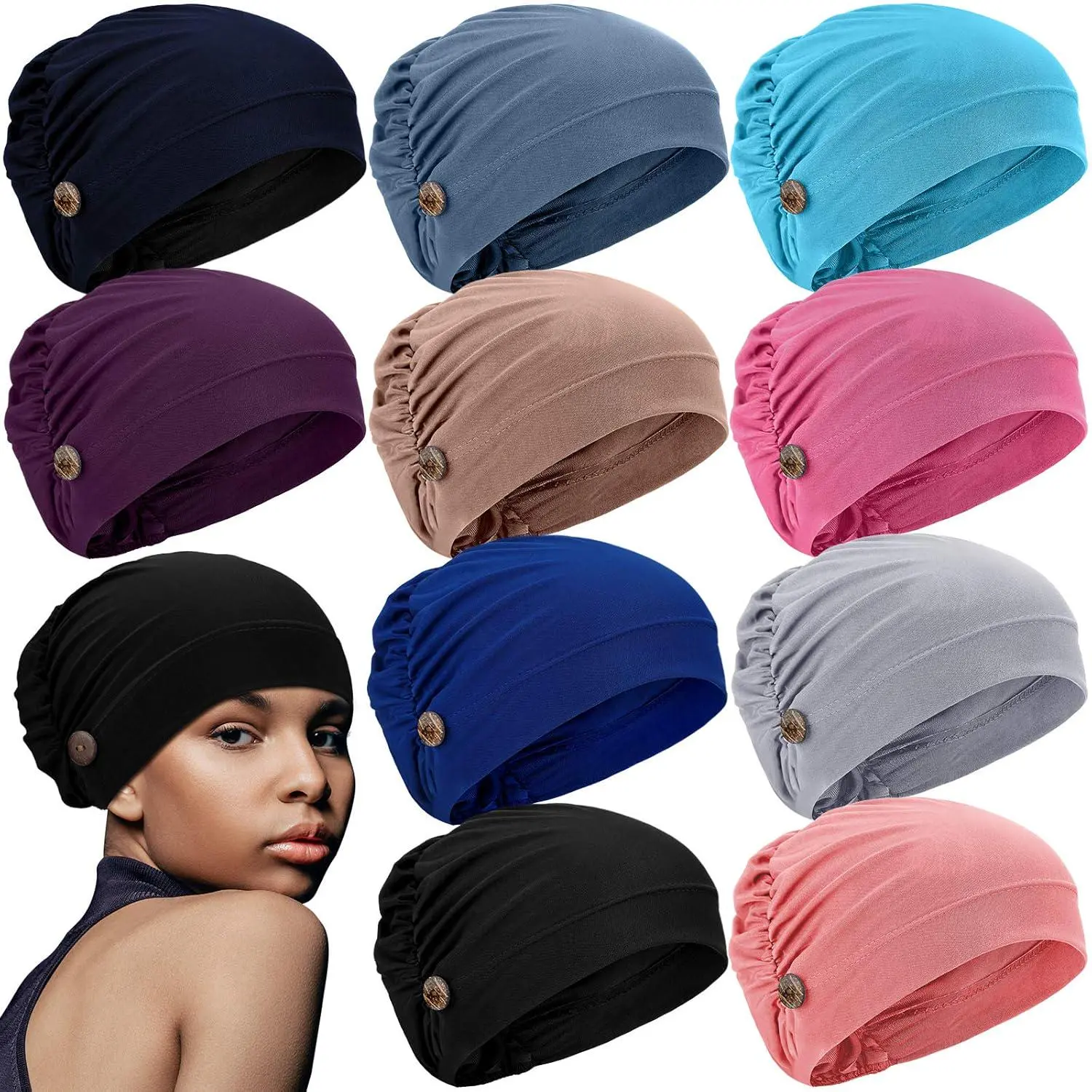 10 PCS Soft Stretchable Bouffant Caps Suitable for-Unisex Gourd-Shaped Turban Hats with Ear Loop Button Closure, Comfortable Wearable Headwear, Multicolor Options sohochic