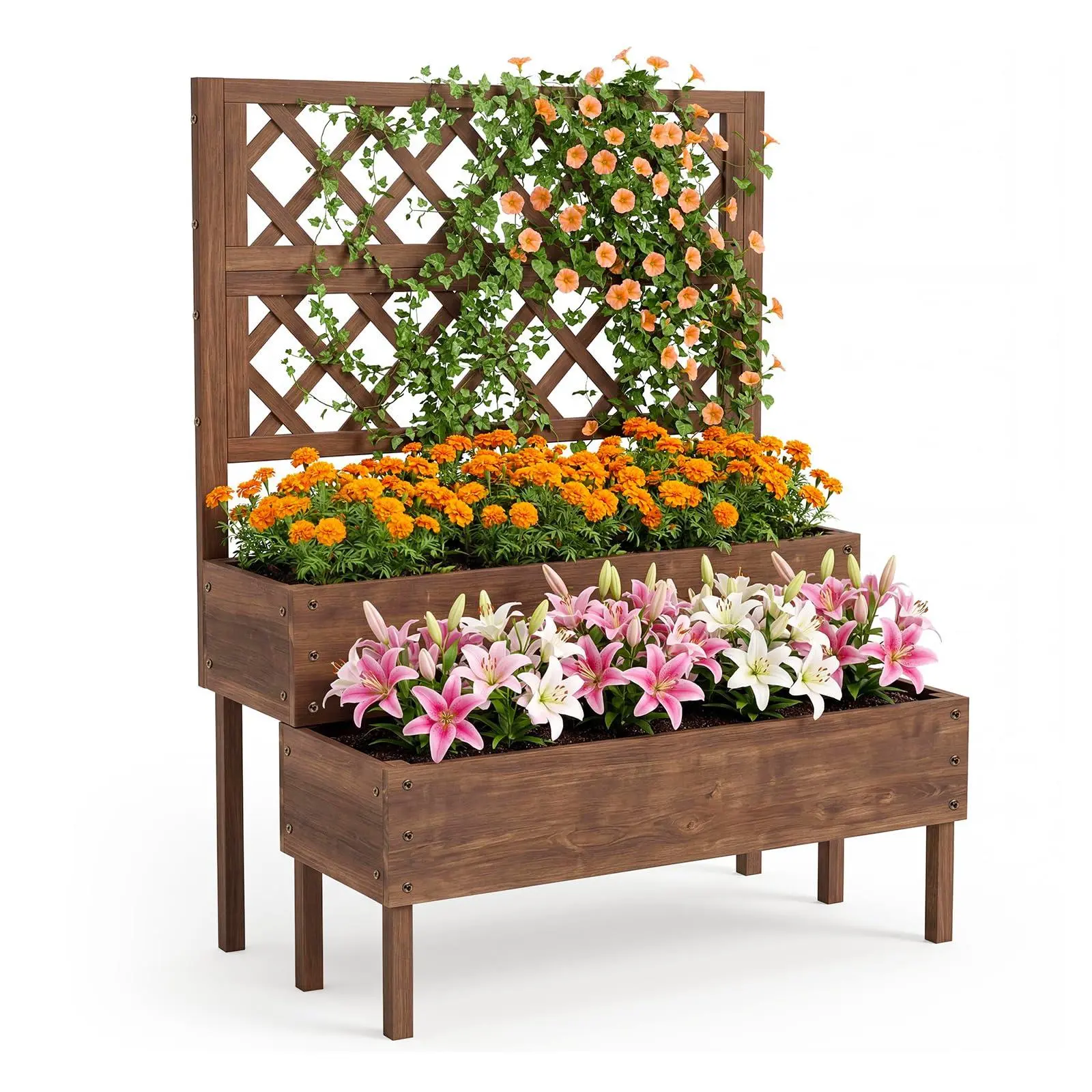 GARVEE 41.93"x22.44"x52.95" Raised Garden Bed with Trellis, 2-Tier Planter Box with Legs, Elevated Wood Planter Box Stand for Backyard, Patio, Balcony with Drainage Holes, Brown