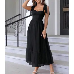 Dotted Prints Ruffled Bow Shoulder Strap Mesh Vintage Dress Suitable for Birthday Parties and Dances