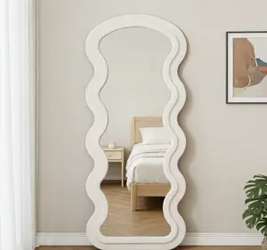 White Full Length Floor Mirror with Stand, Wall-Mountable Standing Mirror, Durable Artistic Wavy Shape, Comfortable Fabric Touch, Ideal for Bedroom Home Decor, Wedding or Christmas Gift
