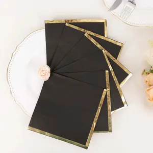 50-Pack Paper Beverage Napkins with Gold Foil Edge Black - Disposable 2 Ply Cocktail Napkins for Events 6.5"x6.5"