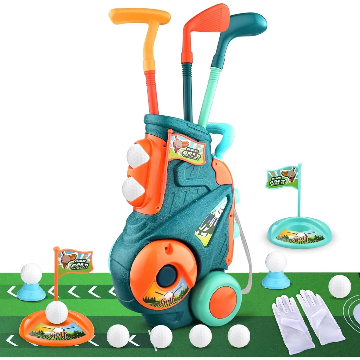 Toddler Golf Set for 3-5+ Years - Premium & Safe Kids' Sport Toy with Putting Mat, Upgraded Cart w/Shoulder Strap, Glove, Plastic Clubs, 10 Balls, Realistic Play Outdoor Development Toy, Perfect Gift