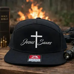 Jesus Saves 7 Panel Snapback Hat Embroidered Christian Faith Trucker Cap Camo Mesh Back Outdoor Hat Gift for Men Dad Gift For Him