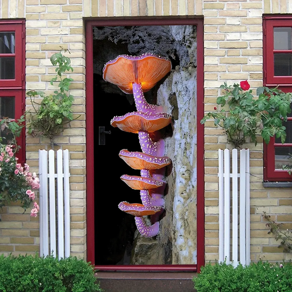 2pcs Vibrant Purple Orange Gradient Mushroom Wall Stickers Creative Cave Style Home Decor Decals Self Adhesive Removable Kids Room Bedroom Living Room Background Wall Art Decor