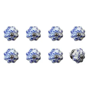 Knob-it  Vintage Hand Painted Ceramic Knob Set - Blue, Navy & White - Pack of 8