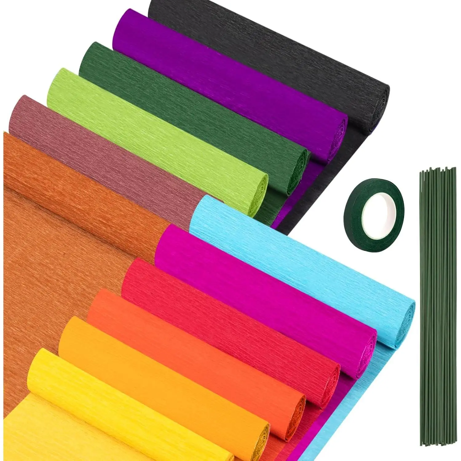 12 Colors Crepe Paper Rolls, 10 x 98Inch Wide Crepe Paper Sheets with Floral Stem Wire and Green Floral Tapes for DIY  Wrapping Paper Crafts Birthday Wedding Holiday Paper Flower(Deep Colors)