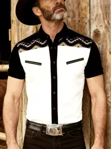 Men's Aztec Print Short Sleeve Shirt, Western Style Retro Colorblock Denim Shirt, Summer Casual Workwear Collarless Top