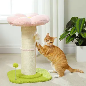 PAWZ Road Flower Cat Scratching Post 23.6-Inch Scratcher for Indoor Cats with Thick Scratching Post [Dia=5.5-Inch], Removable Flower Bed with Spring Ball, Pink