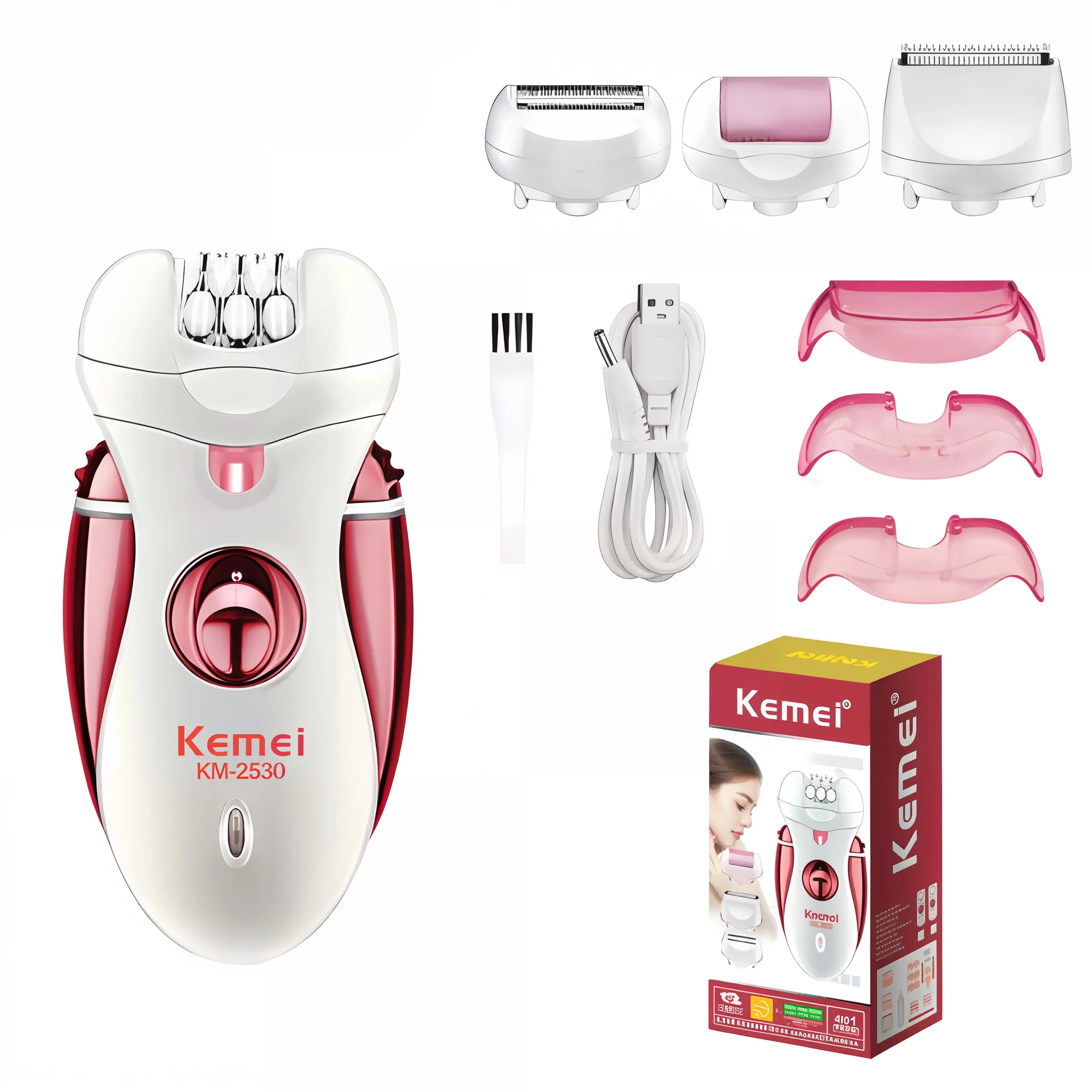 Kemei Women's Hair Removal Device, Electric Depilatory with 4 Blades, Gentle Hair Removal for Legs and Hands, Facial Hair Remover, Smooth Skin Solution, USB Rechargeable Epilator Km-2530