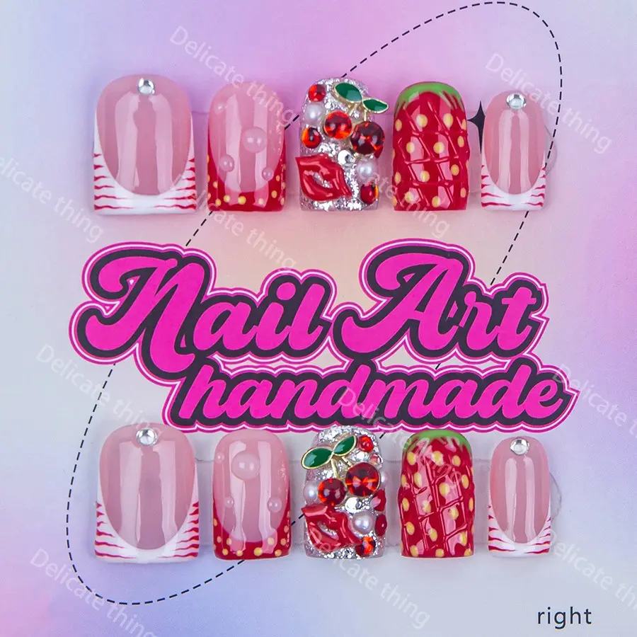 Delicatething Y2K Style Duckbill Square Nail Tips, Handmade Wearable Decorative Nails, 4 Sizes XS S M L, Cross Design, Perfect Gift for Girls