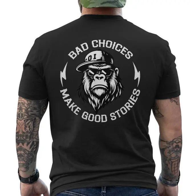 Men's T-shirt with 'Bad Choices' Chimpanzee Graphic, Casual Lightweight Pull On Short-Sleeve Design for Daily Wear, Easy Care, Reinforced Stitch, Breathable Fabric, Classic Round, Soft Cotton, Tops, Round Neck, Shortsleeve, Clothes, Easy Pull-On