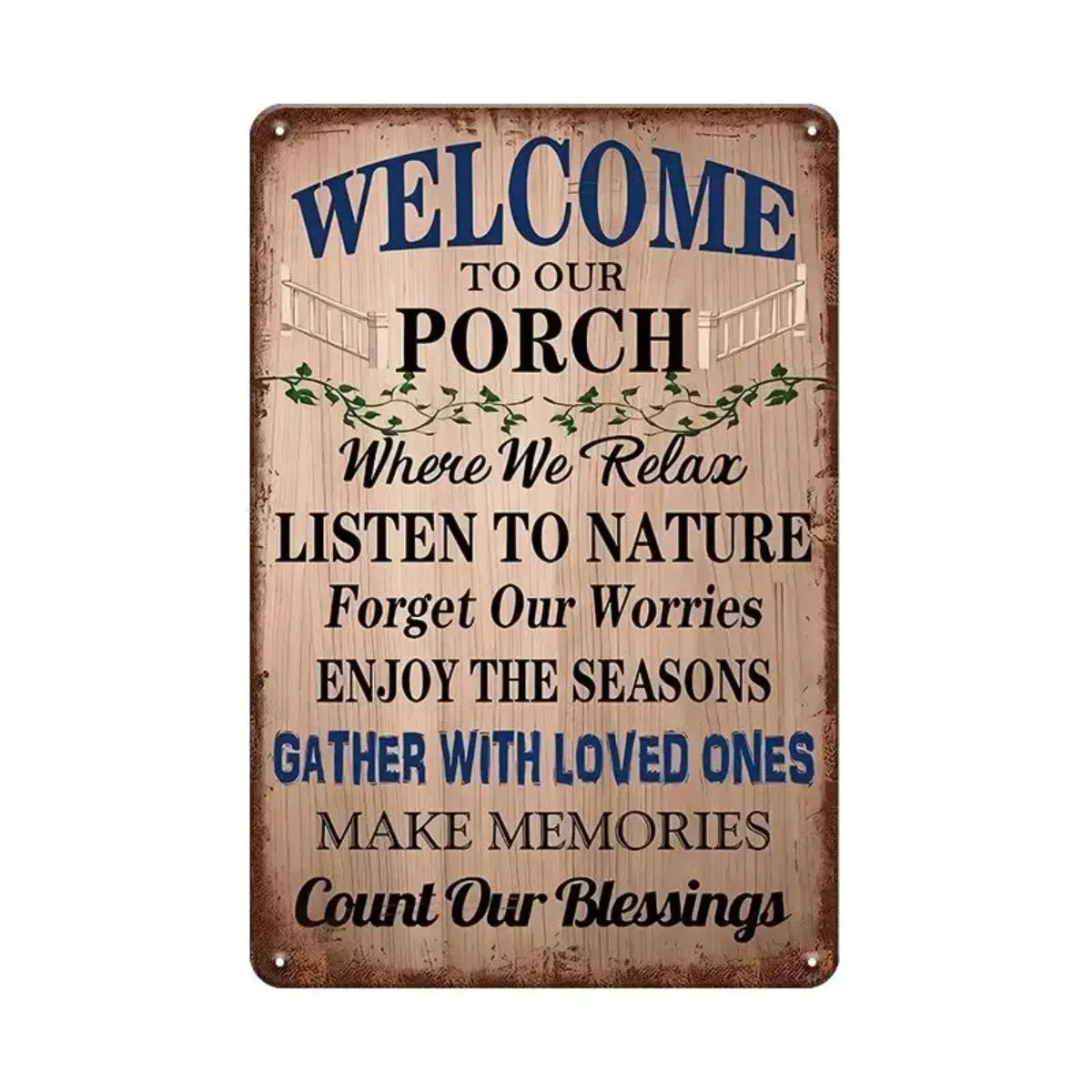 "Welcome To Our Porch" Multicolor Vintage Metal Tin Home Sign, Rustic Farmhouse Design Porch Sign, 8x12in Wall Plaque Decoration with Pre-Drilled Holes for Easy Hanging, Porch Signs