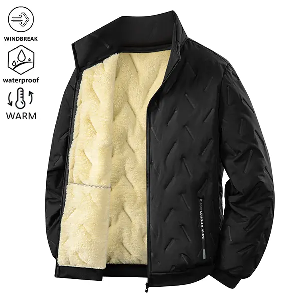 Men's Winter Stand Collar Fleece Lined Warm Windproof Water Resistant Cotton Jacket - Skin-friendly, Comfortable, Stylish, Versatile Coat for Outdoor Activities & Everyday Wear