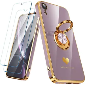 Compatible for iPhone XR Case with 2 Pack Screen Protector, 360° Rotatable Ring Holder [Luxury Hearts Pattern] Plating Gold Edge Slim Soft Phone Cover Case for iPhone XR - Light Purple