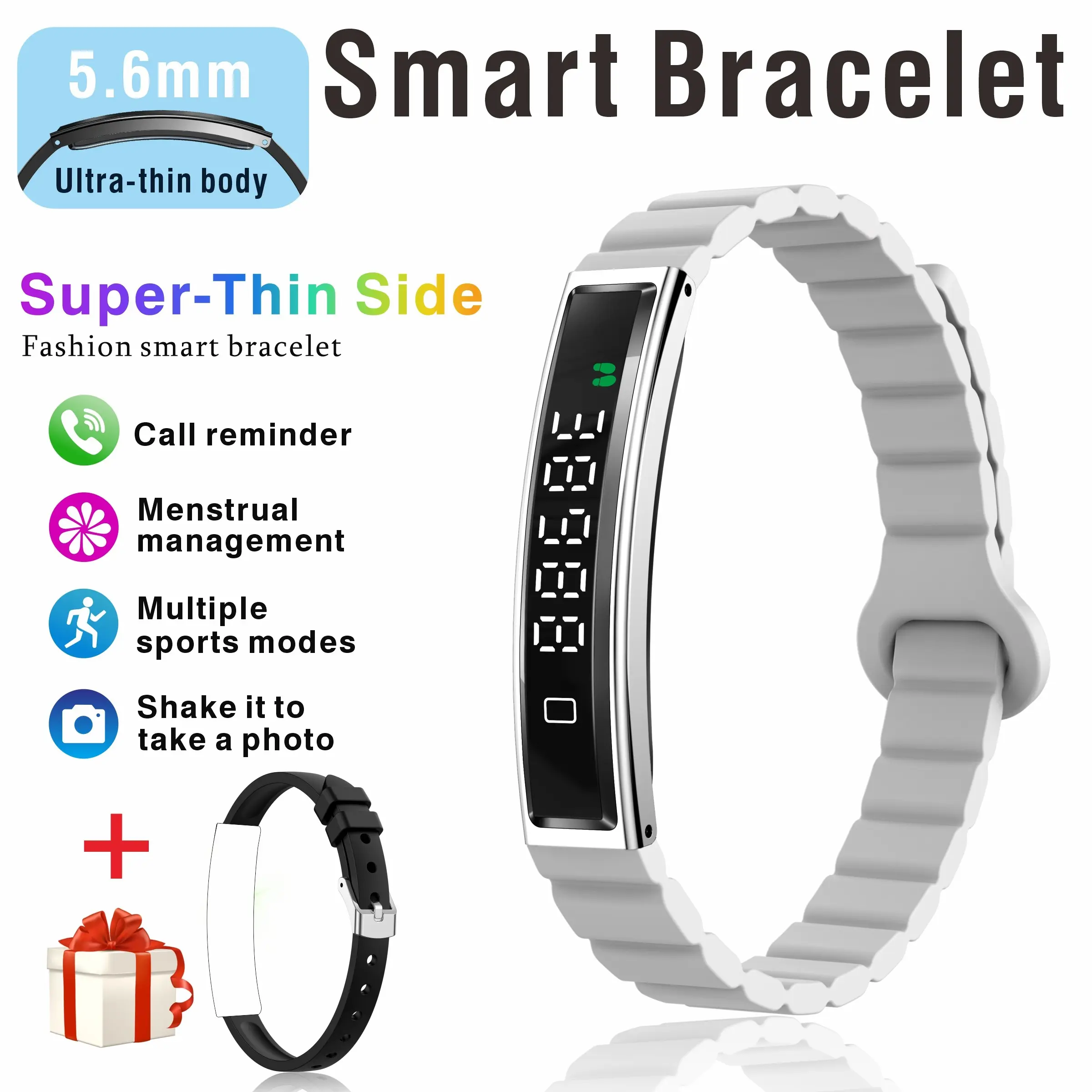 Ultra thin and ultra-fine smart watch, sports wristband, shake and take photos, linked APP supports multiple sports, sleep recording, female cycle, screen display time, steps, battery level, dating and work, dual strap design, ideal gift.
