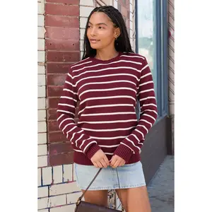 John Galt Women's Burgundy Thin Stripe Crew Neck Sweater