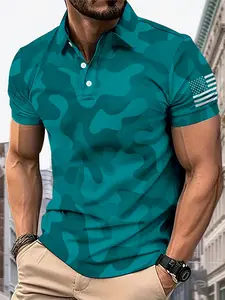 Men's Polo Shirt with Purple Camouflage US Flag Print, Casual Business Style