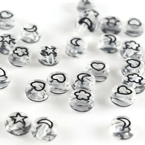 200/300/400pcs Clear Acrylic Black Heart Star And Moon And Flower Pattern Ponies Bead Flat Round Spaced Bead Beaded Jewelry, 7mm Suitable for DIY Jewelry Making, Necklace Bracelet Jewelry Making Accessories