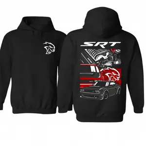 SRT Hellcat Hoodie, Dodge Challenger Muscle Car Pullover, HEMI Engine Graphic Sweatshirt for Car Enthusiasts and Street Racing Fans