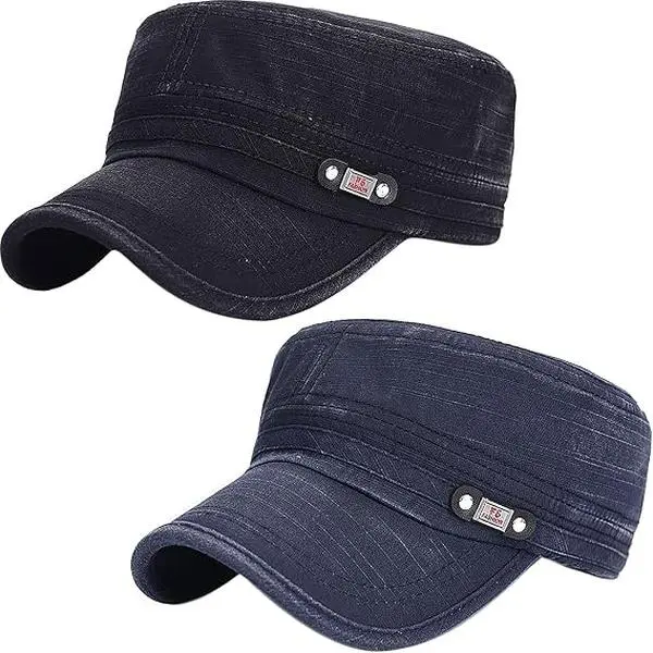 2Pcs Unisex Cadet Army Cap Adjustable Flat Top Cap Washed Cotton Military Hat Baseball Cap