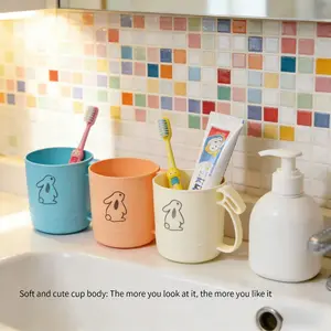 3pcs Cute Bunny Ear Handle Plastic Mouthwash Cup Set, Cartoon Rabbit Pattern, Three Colors Available, Home Bathroom Dorm Brushing Cups