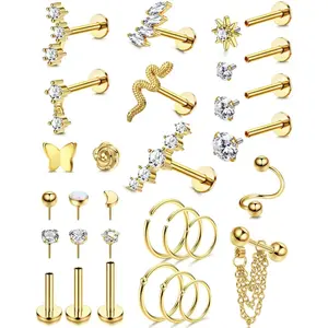 25Pcs 16G Cartilage Earrings for Women Hypoallergenic Stainless Steel Hoop Stud Helix Labret Nose Conch Daith Tragus Piercing Jewelry