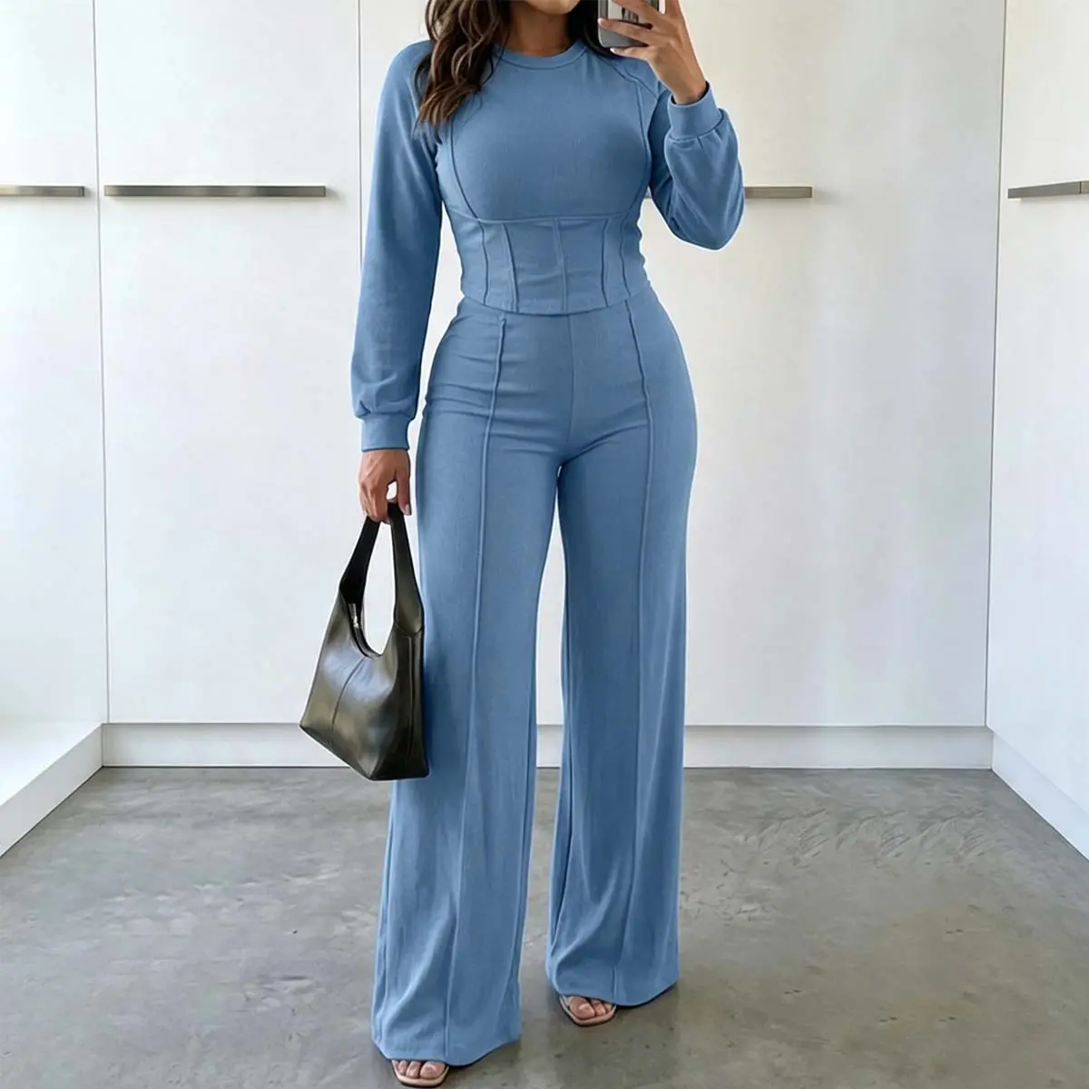 CHICME Women's 2 Pieces Outfit O-neck Long Sleeve Cinched Waist Sweatshirt and Elastic Waist Wide Leg Pants Set Casual Seam Design Sweatpants Set