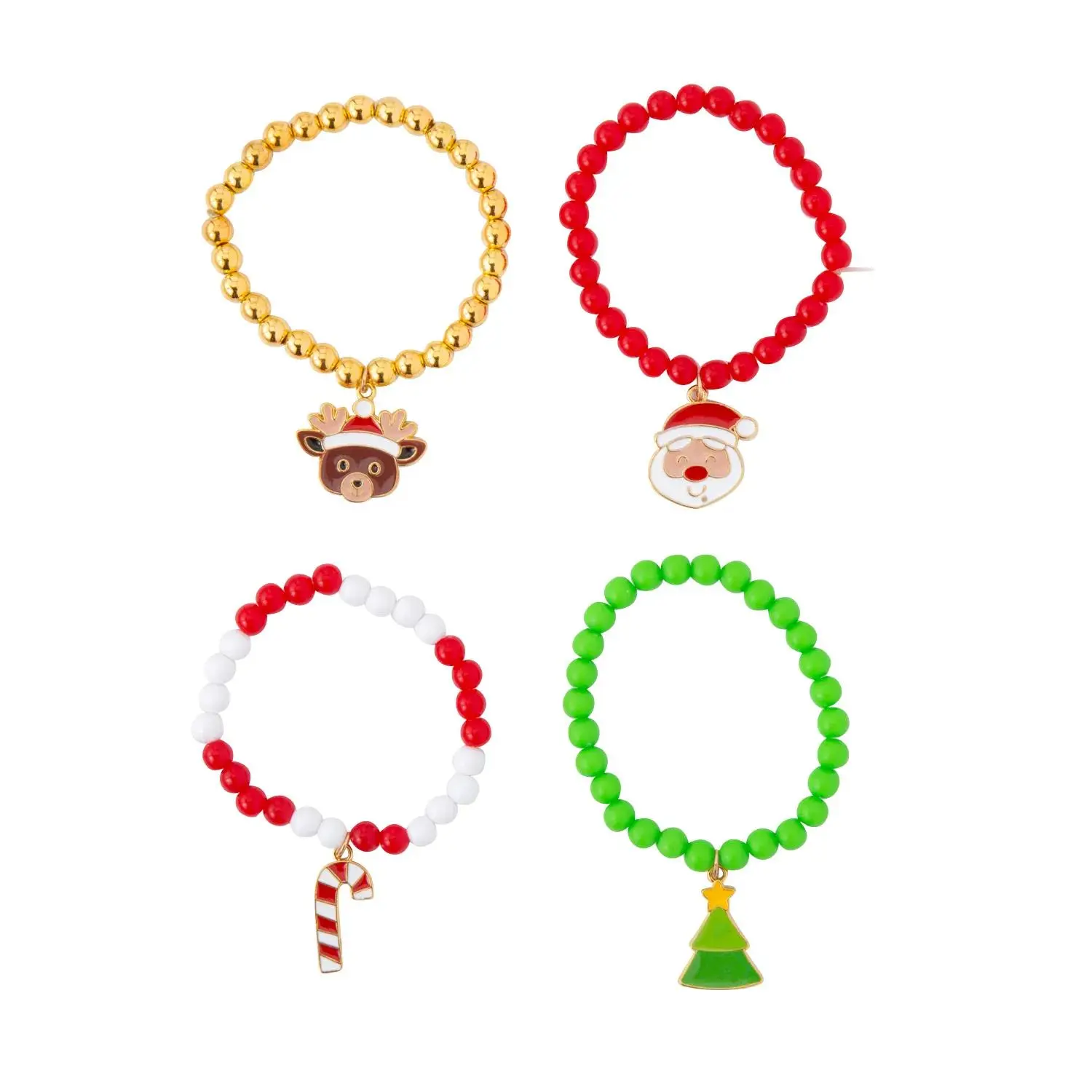Festive Trendy Jewelry 2.5" Plastic Beaded Stretchy Stackable Bracelets - Metal Christmas Charm, Red and Gold Character Charm Bracelets & Bangles Variety Pack, 12-Pc Set