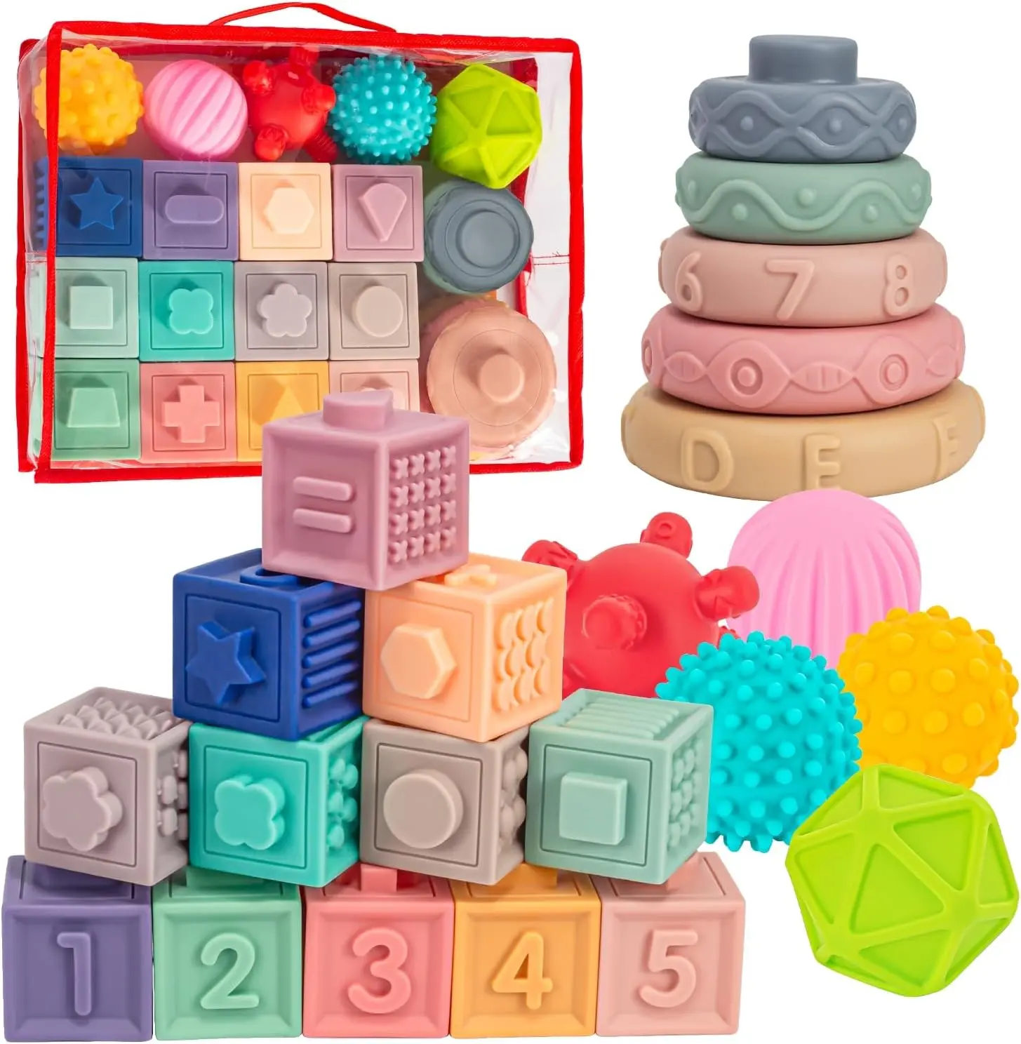 Mother's Day 3 in 1 Montessori Toys for Babies 0-3-6-12 Months, Soft Baby Teething, Stacking Building Blocks for Infants, Sensory Developmental Education Toys for Toddler Baby 12-18 Months,22 PCS