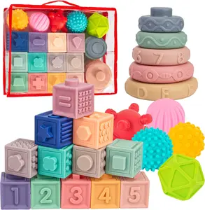 Mother's Day 3 in 1 Montessori Toys for Babies 0-3-6-12 Months, Soft Baby Teething, Stacking Building Blocks for Infants, Sensory Developmental Education Toys for Toddler Baby 12-18 Months,22 PCS