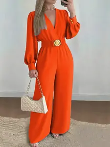 Women’s casual V-neck jumpsuit with cinched waist, bubble sleeves, and wide-leg pants; suitable for autumn and winter; ideal for home, indoor, and outdoor wear; adjustable waist jumpsuit