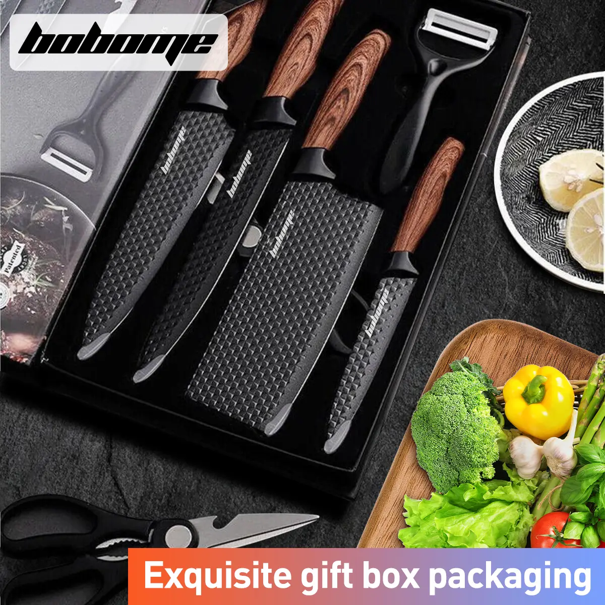 Knife Set with Gift Box, 6-Piece Kitchen Knife Set - Stainless Steel Ultra Sharp Chef Knife Set, Healthy Anti-Rust Coating, Anti-Rust Non-stick, Ergonomic Wood Grain Handle, Dishwasher Safe #Summervibes