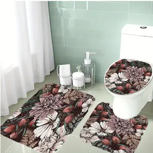 3-Piece Bathroom Rug Set, Deep Base with Floral & Leaf Patterns, Soft Flannel Material, Non-Slip Bath Mat, Bathroom Floor Mat