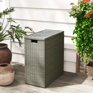 17-Gallon Small Deck Box, Wicker Outdoor Storage Box with Acacia Wood Top for Patio Cushions and Garden Tools, Gray