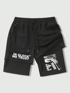 Men's Regular Fit Letter & Gun Print 2 in 1 Drawstring Waist Shorts, Casual Pocket Track Shorts for Summer, Graphic Print Shorts, Fashion Men's Bottoms for Daily Wear, Lightweight Printed Shorts