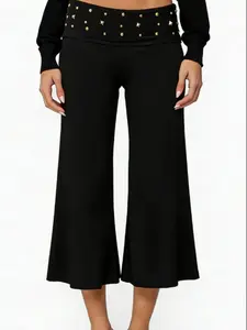 Vintage Iron Ring Stud Low Waist Casual Capri Cropped Pants, Soft Fabric Loose Fit Seven-Eighths Wide Leg Trousers, All Seasons Fashion