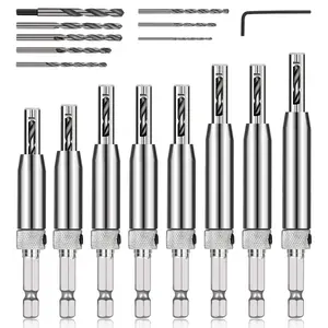 Self-Centering Drill Bit Set, 17 count VIX Bits, 1/4" Hex Shank Self-Centering Hinge Drill Bit Set for Woodworking Window Door Hinge, Quick Change with 1 Hex Key & 8 Drill Bits 5/64-1/4"