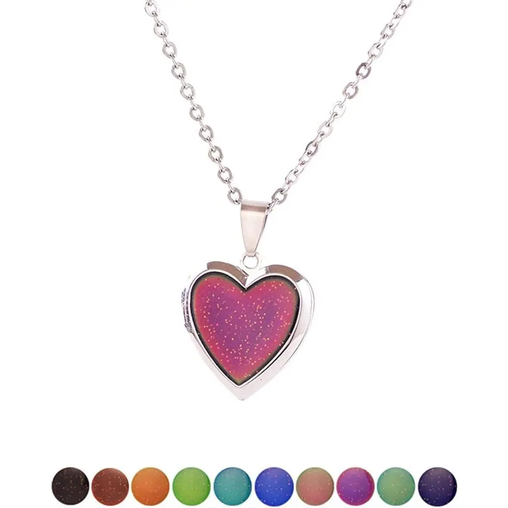 Color Changing Mood Necklace for Girls, Heart Locket Pendant with Butterfly & Turtle Charms, Modern Temperature-Sensing Jewelry, Lovely Butterfly