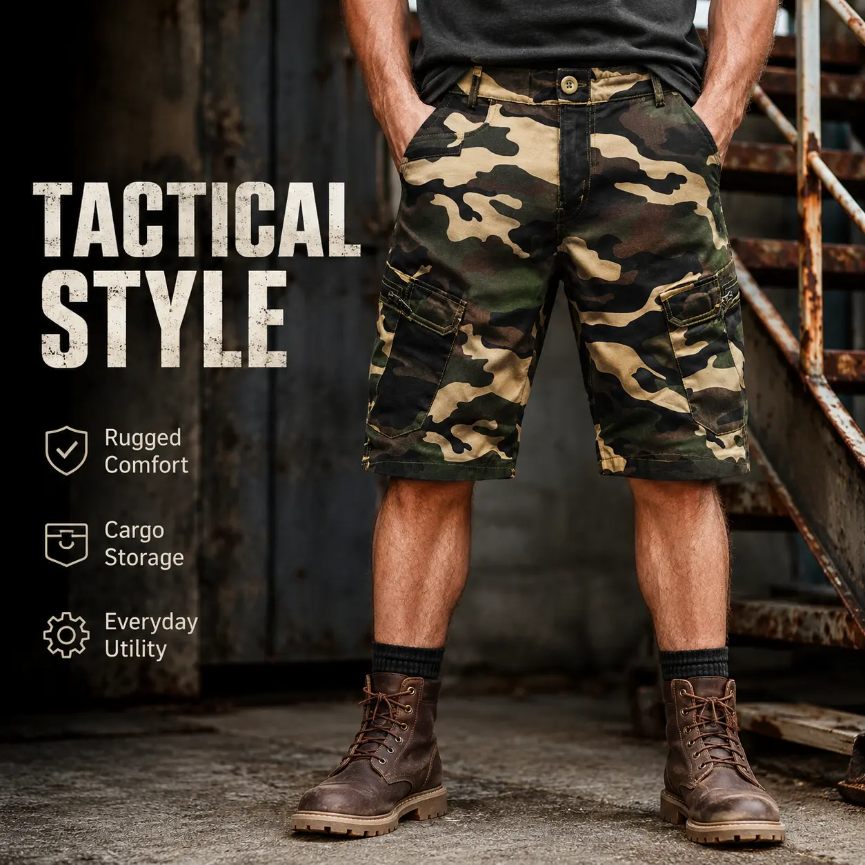 Male Universal Gray Camouflage Cotton Cargo Shorts - Relaxed-Fit Tactical Design, Multi-Pocket Storage for Outdoor & Casual Wear (Sports & Outdoor Clothing)