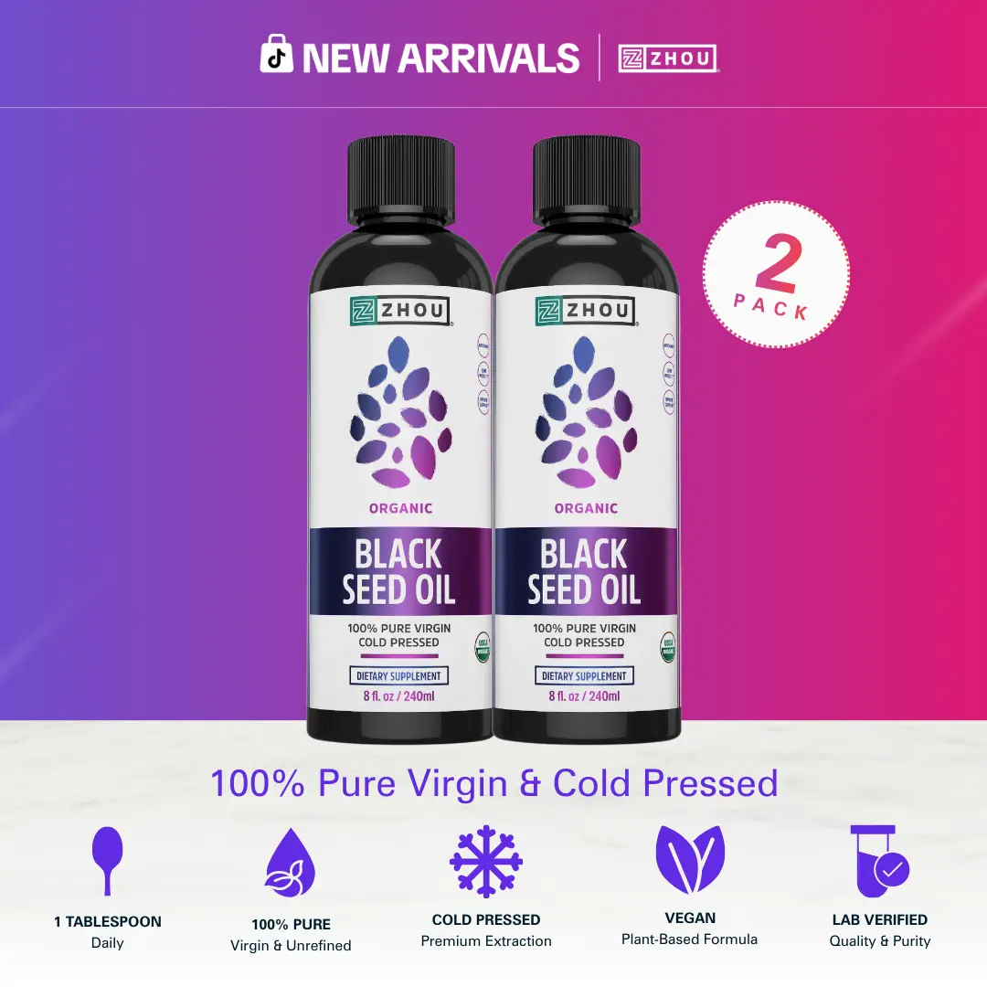 Zhou Black Seed Oil Liquid 2-Pack Bundle — Cold-Pressed Black Cumin Seed Oil with Omega 3-6-9 — 60-Day Daily Wellness Routine