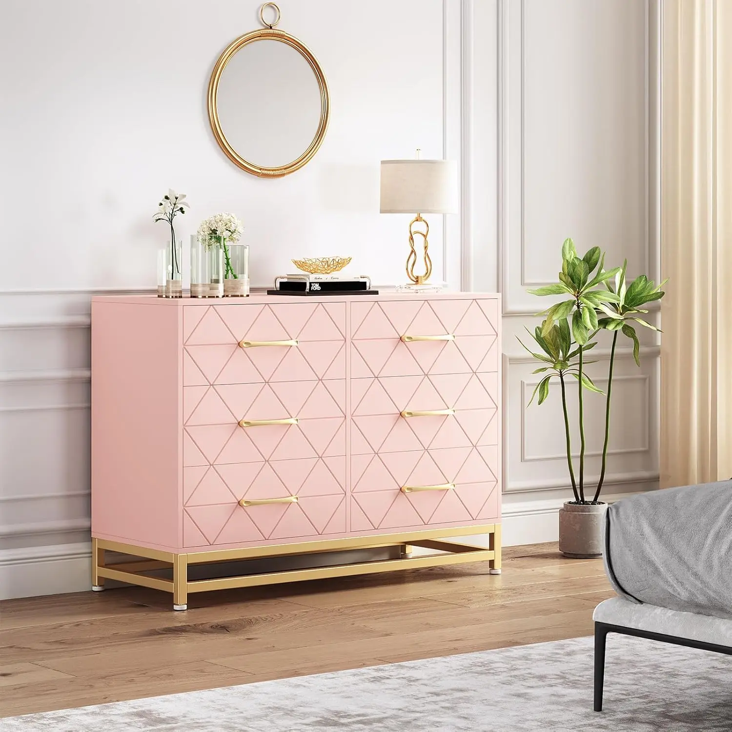 Pink 6 Drawer Dresser for Bedroom, Modern Wood Dresser with Wide Drawers and Metal Handles, Storage Chest of Drawers for Living Room Hallway Entryway