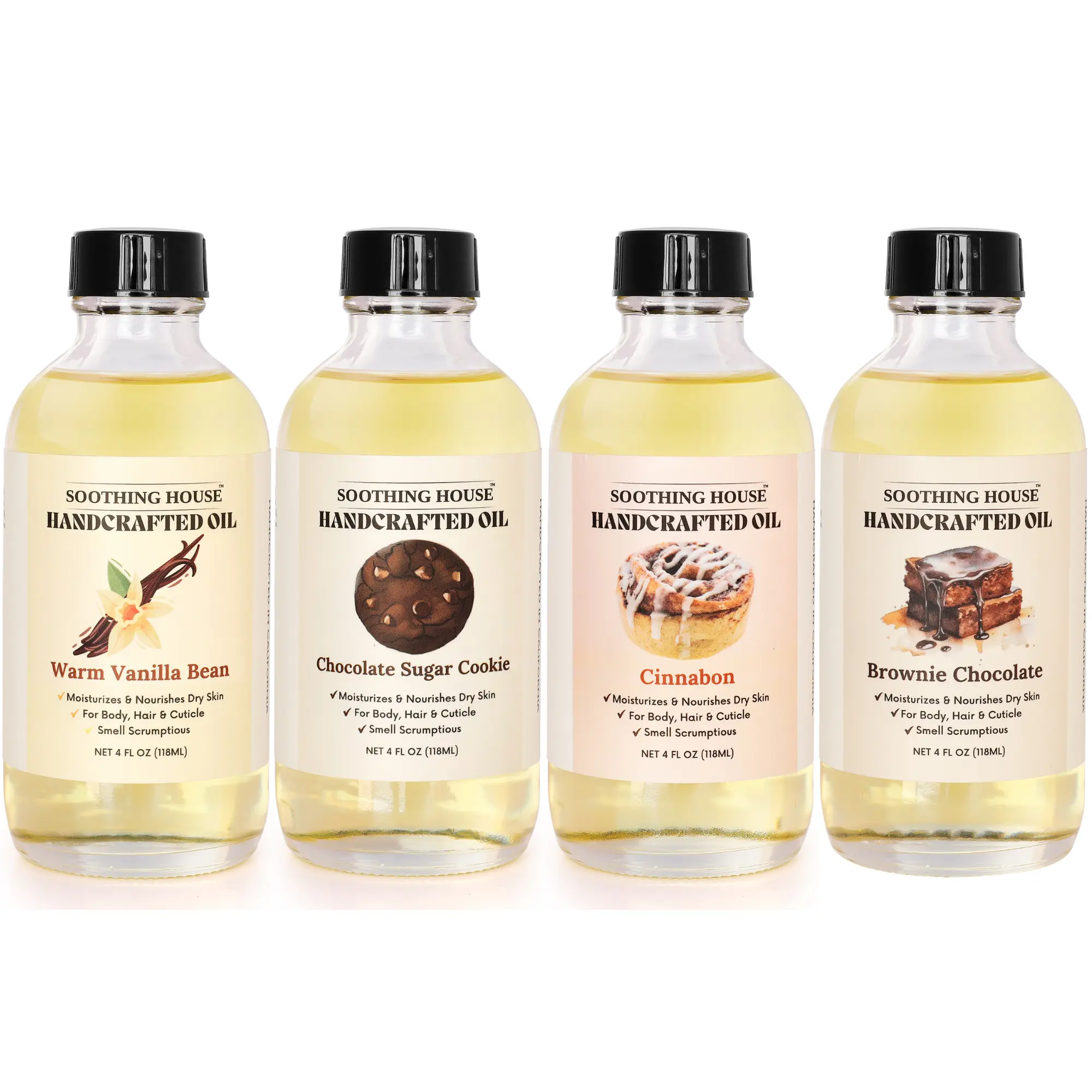 Soothing House The Bakery Box (Vanilla Bean, Chocolate Sugar Cookie, Cinnabon, Brownie Chocolate) 4-Piece Fragranced Body Oil Set with Gourmand Scents - After Shower Body Care for Glowing, Soft Skin, After Shower Oil, Cosmetic, Blend, Dry Body Oils