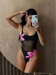 Women's One-Piece Swimsuit with Contrast Mesh Design, Adjustable Strap, Fitted Waist Cinching, Sleeveless Casual Swimwear, Beachwear Swimsuits, Trendy Monokini Swimsuit, Swimsuit Beachwear