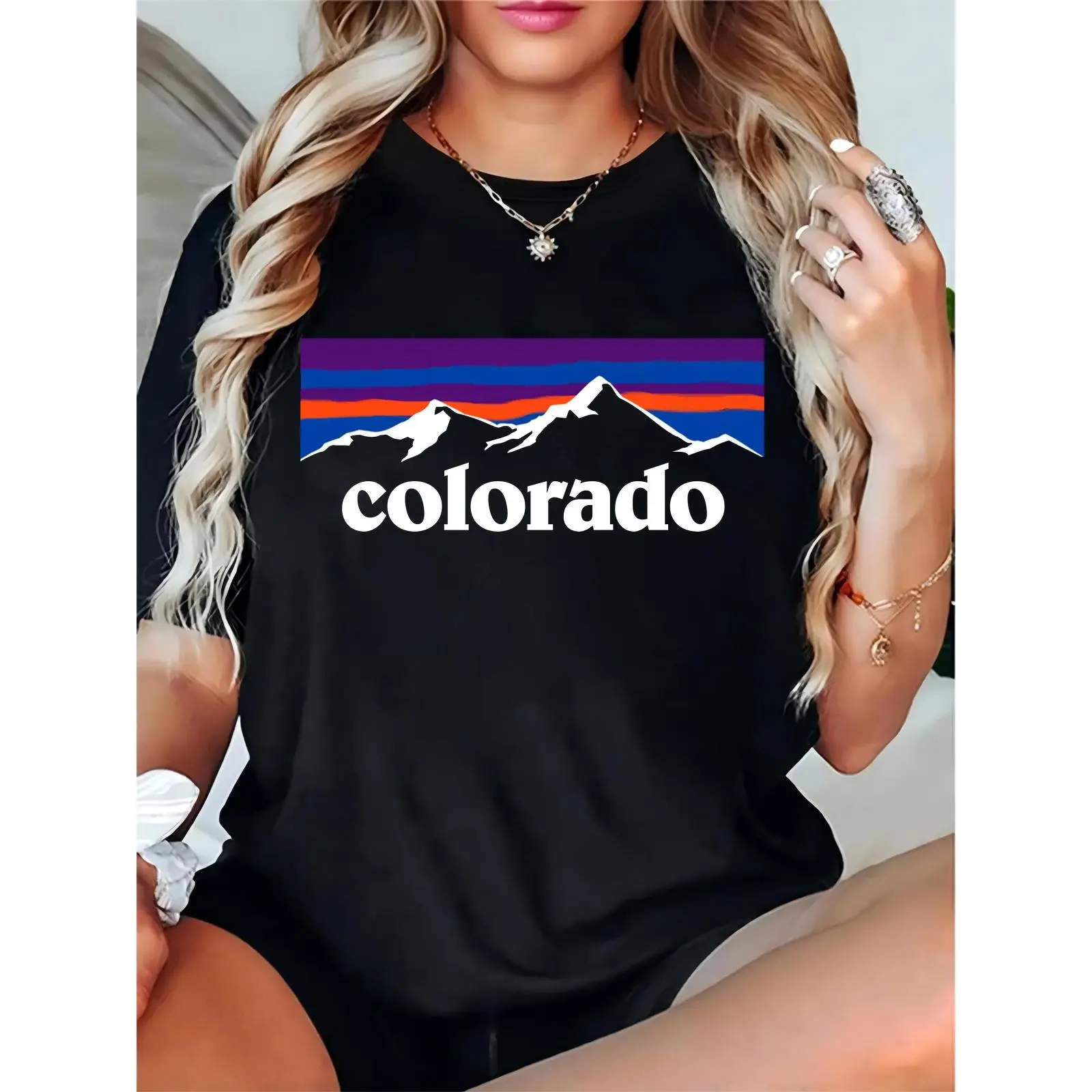 Women's Short-Sleeve Black T-Shirt - Comfortable, Elegant, Essential Fit - Colorado Mountain & Colorful Stripes Graphic, Ideal for Casual Outdoor & Colorado-Themed Events, Prints, Cotton, Basic, Top, Feminine, Ladies, Simple, Round Neck
