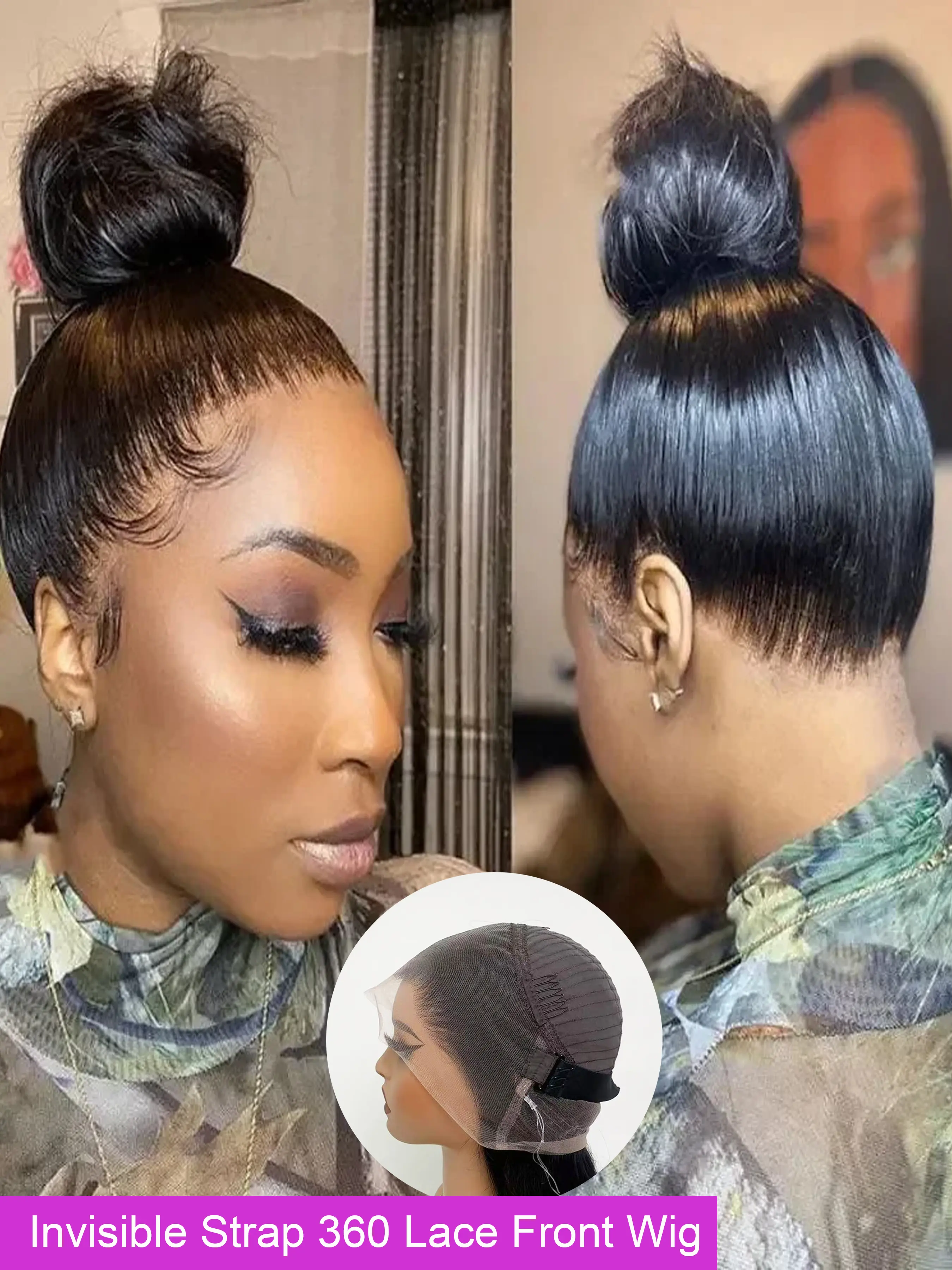 GINGIN Hair 360 Invisi Strap Lace Front Wigs Human Hair Brazilian Bone Straight Transparent Pre Plucked 180 Density Lace Frontal Black Wigs For Women Sports Style, Natural Look, Secure Fit, Wigs, Fit Hairpiece