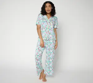 MUK LUKS Contrast Trim Notch Collar and Cropped Pant Pajama Set