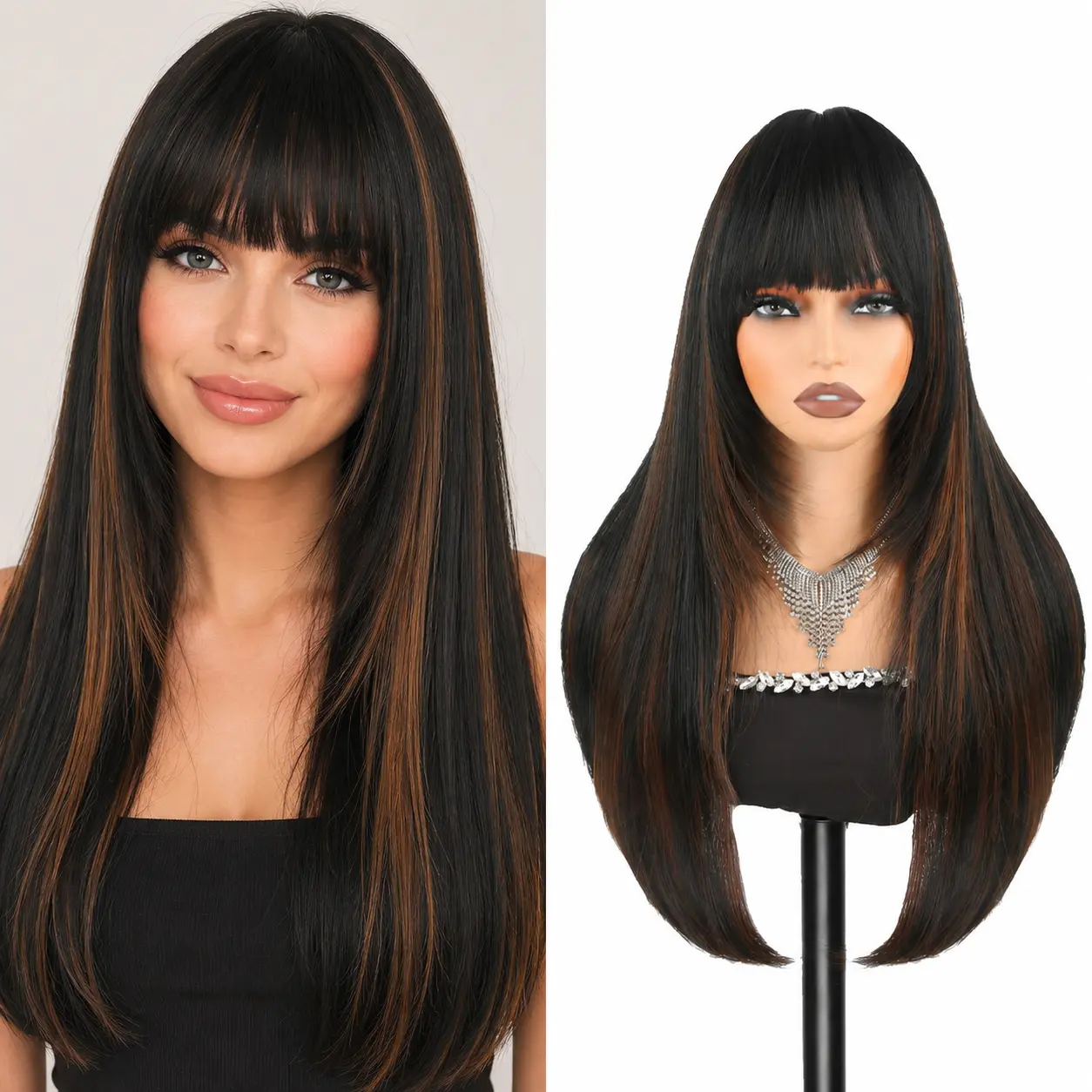 Auvzy Long Straight Layered Wig with Bangs for Women 26 inch Layered ealistic Look Hairstyle Synthetic  Heat Friendly Wig