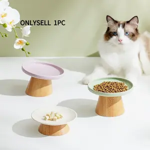 Ceramic Elevated Cat Bowl Neck Protection Non Slip Anti Tipping Pet Food Dish For Cats Small Dogs Tray Wood