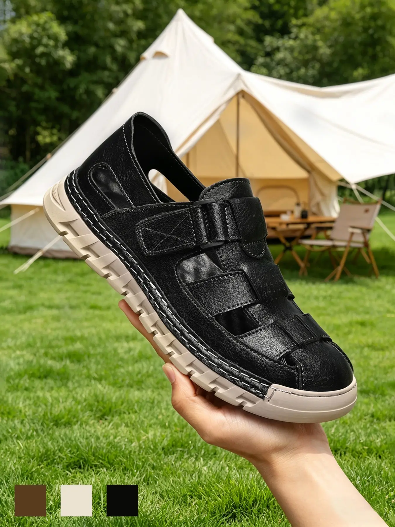 Men's Closed Toe Sandals, Durable Sandals, Hook-and-Loop Flat Breathable Hollow-Out Lightweight Non-Slip Rubber Toe Bumper Fisherman Shoes Retro Sporty Summer Brown Black White Microfiber Leather for Outdoor Hiking Camping Big Size 11 12 13 14